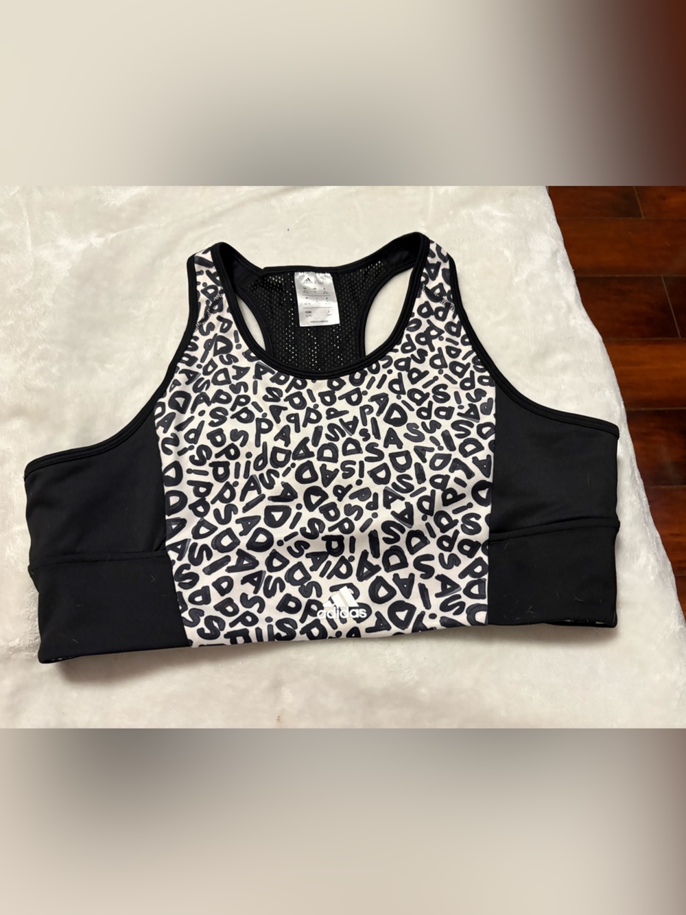 Adidas Black and White Printed Racerback Sports Bra